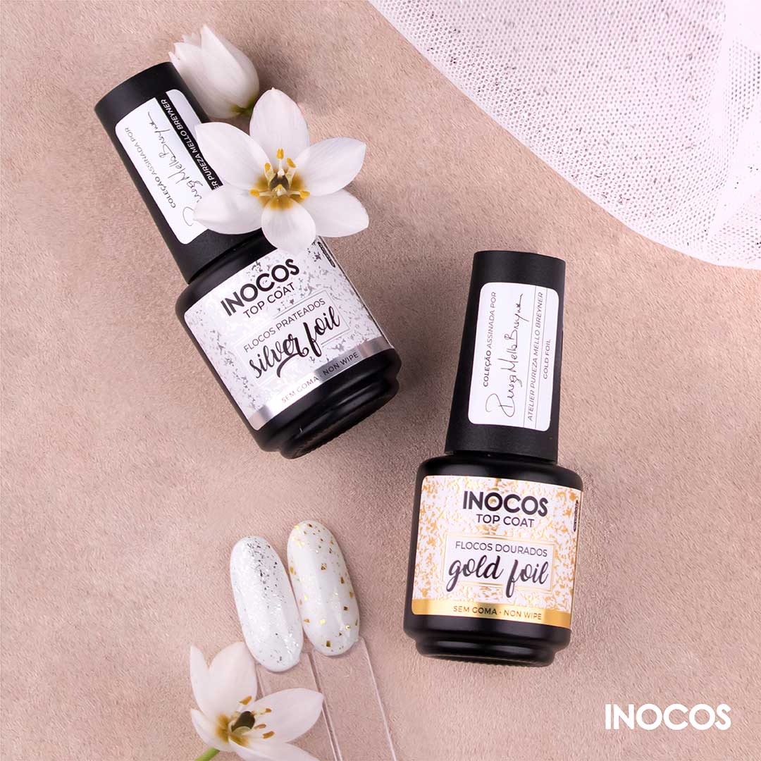 Inocos top coat gold foil flocos dourados