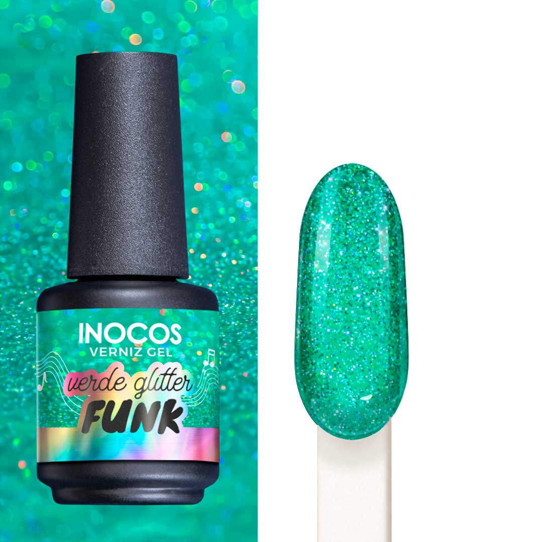 Inocos esmalte gel Festival de Verão verde glitter funk