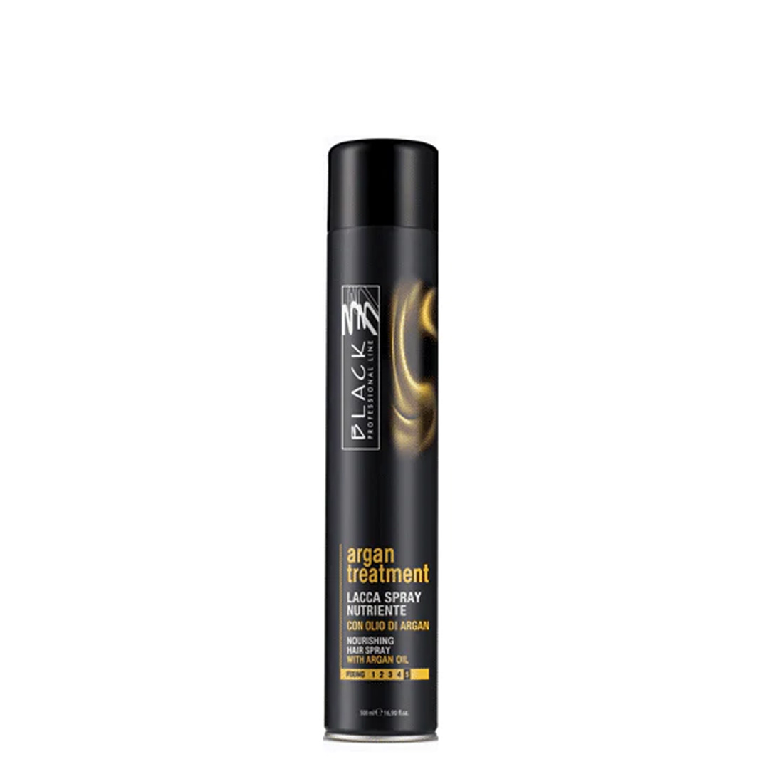 Black extra strong hairspray with argan oil