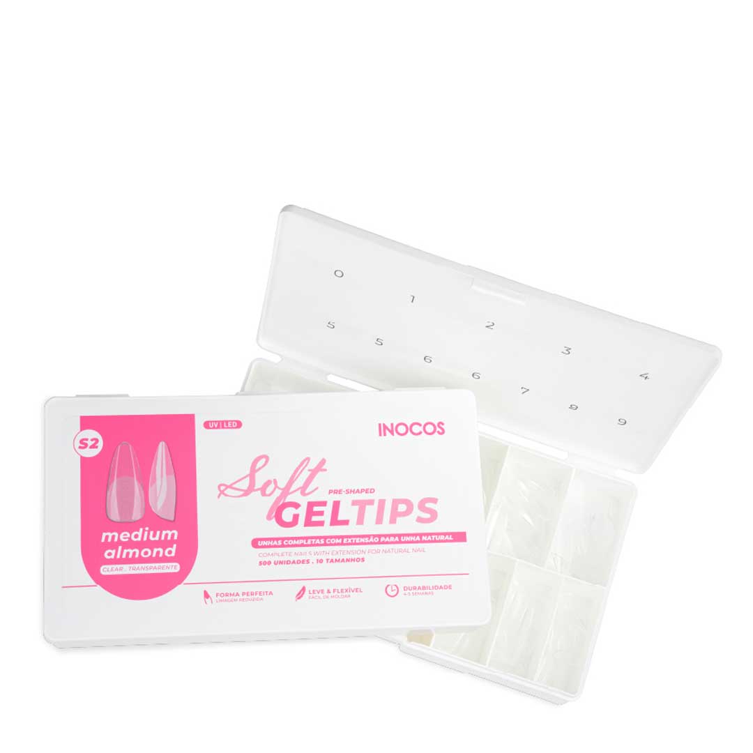 Inocos soft gel tips amêndoa média transparente 500 unid