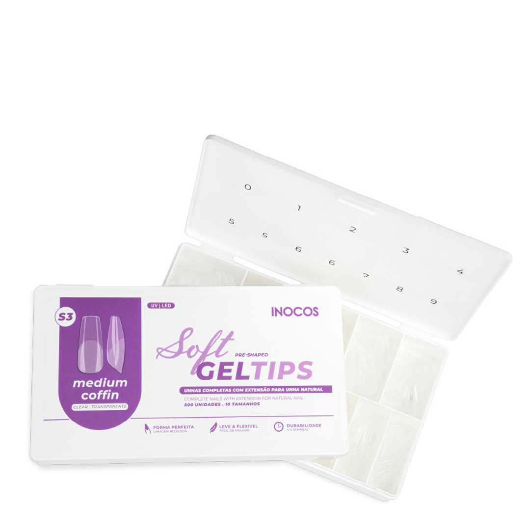 Inocos soft gel tips coffin médio transparente 500 unid