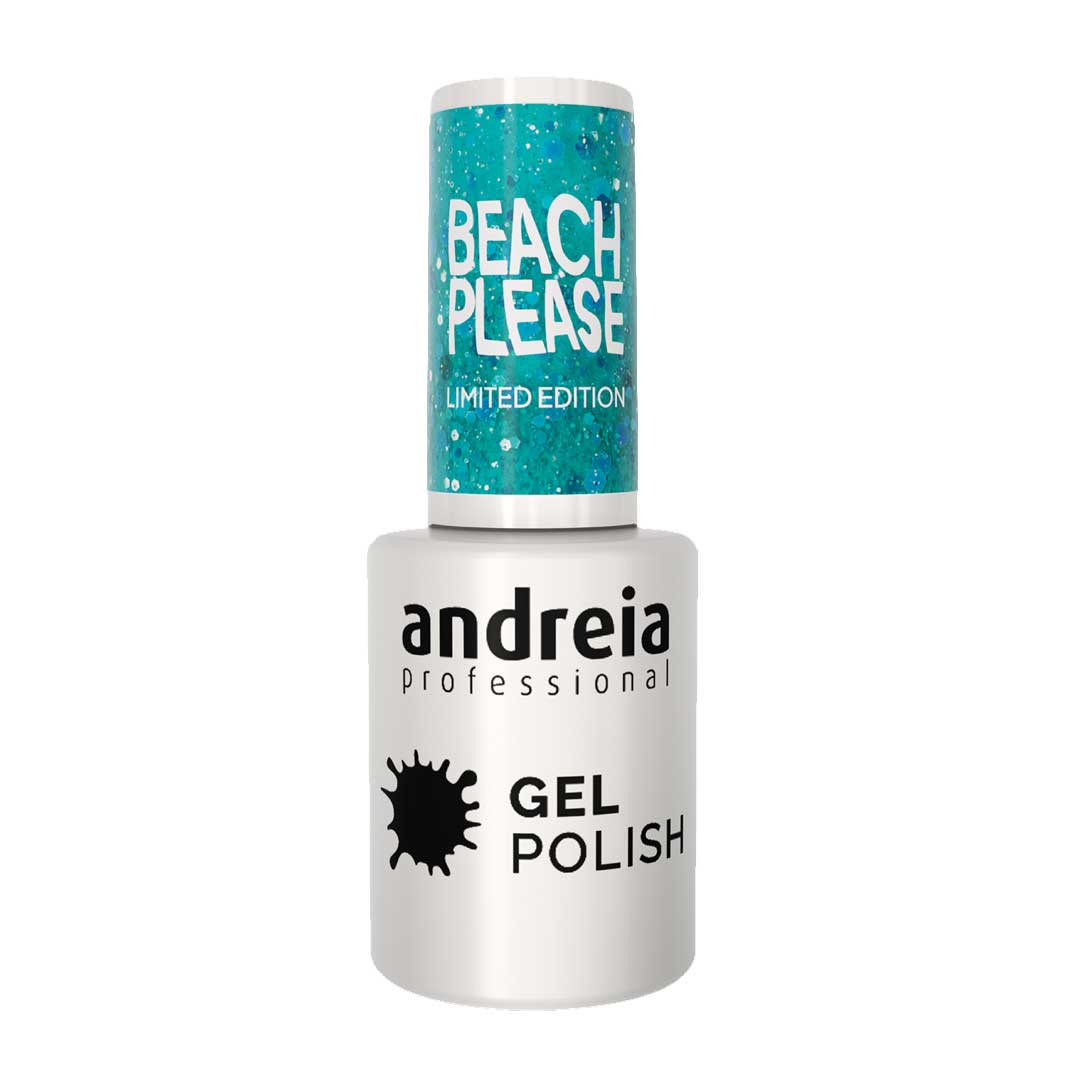 Andreia verniz de unhas de gel Beach, Please! BP3 azul aquático translucido com glitter holográfico