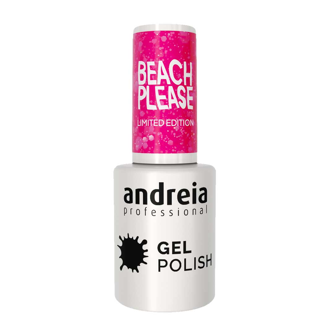 Andreia verniz de unhas de gel Beach, Please! BP5 rosa vibrante com glitter holografico