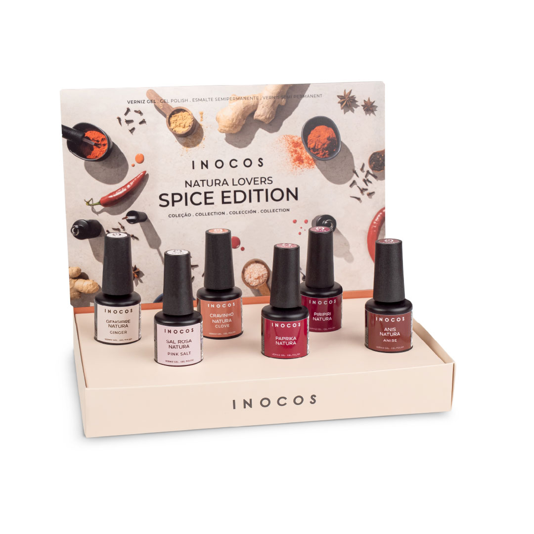 Inocos verniz gel coleção Natura Lovers Spice Edition com expositor