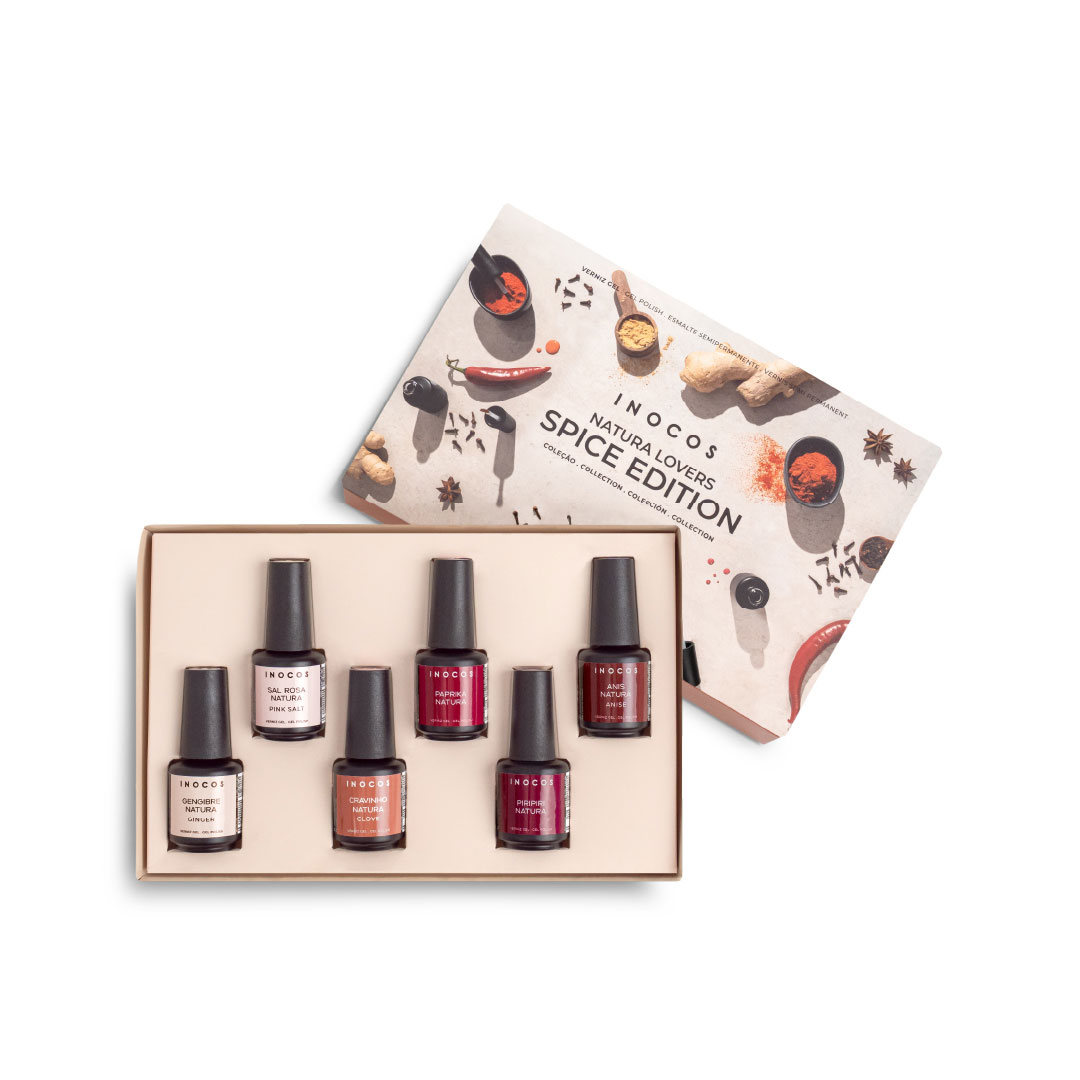 Inocos verniz gel coleção Natura Lovers Spice Edition com expositor