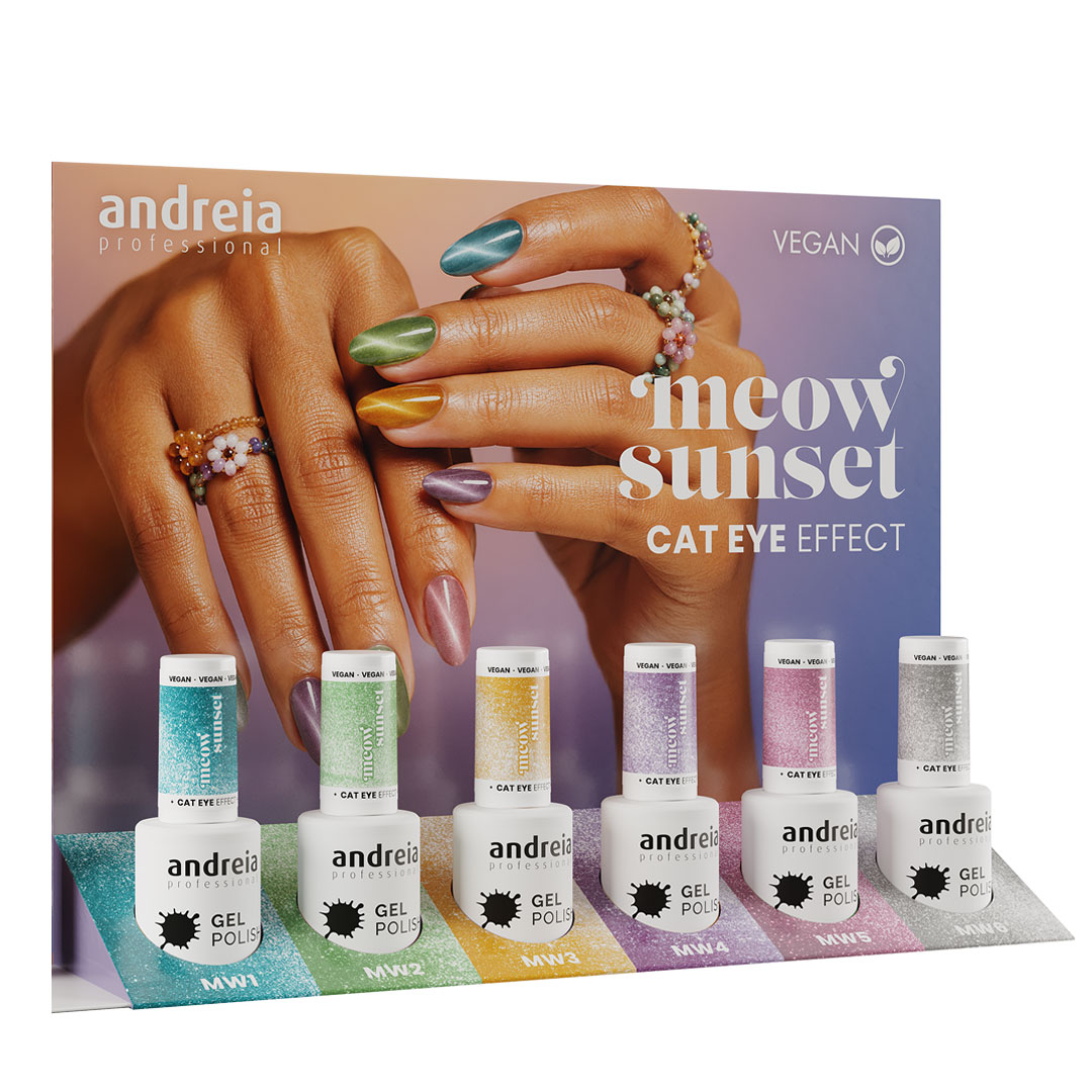 Andreia verniz gel Cat Eye Effect coleção Meow Sunset com expositor