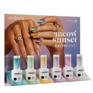 Andreia verniz gel Cat Eye Effect coleção Meow Sunset com expositor
